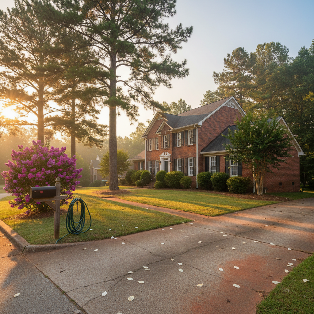 Charming traditional home on a quiet suburban street in Acworth, Cobb County, Georgia, featuring mature trees, crepe myrtles, and a cracked driveway, typical of the Atlanta area.