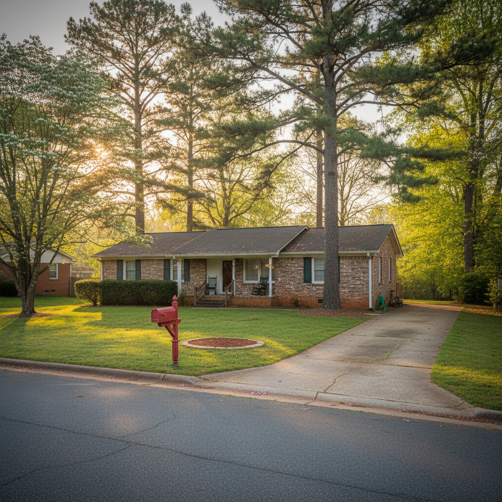 Quiet suburban street in Cobb County, Georgia, featuring a charming ranch home with a blooming dogwood and crepe myrtle, capturing Kennesaw's family-friendly atmosphere near Atlanta.