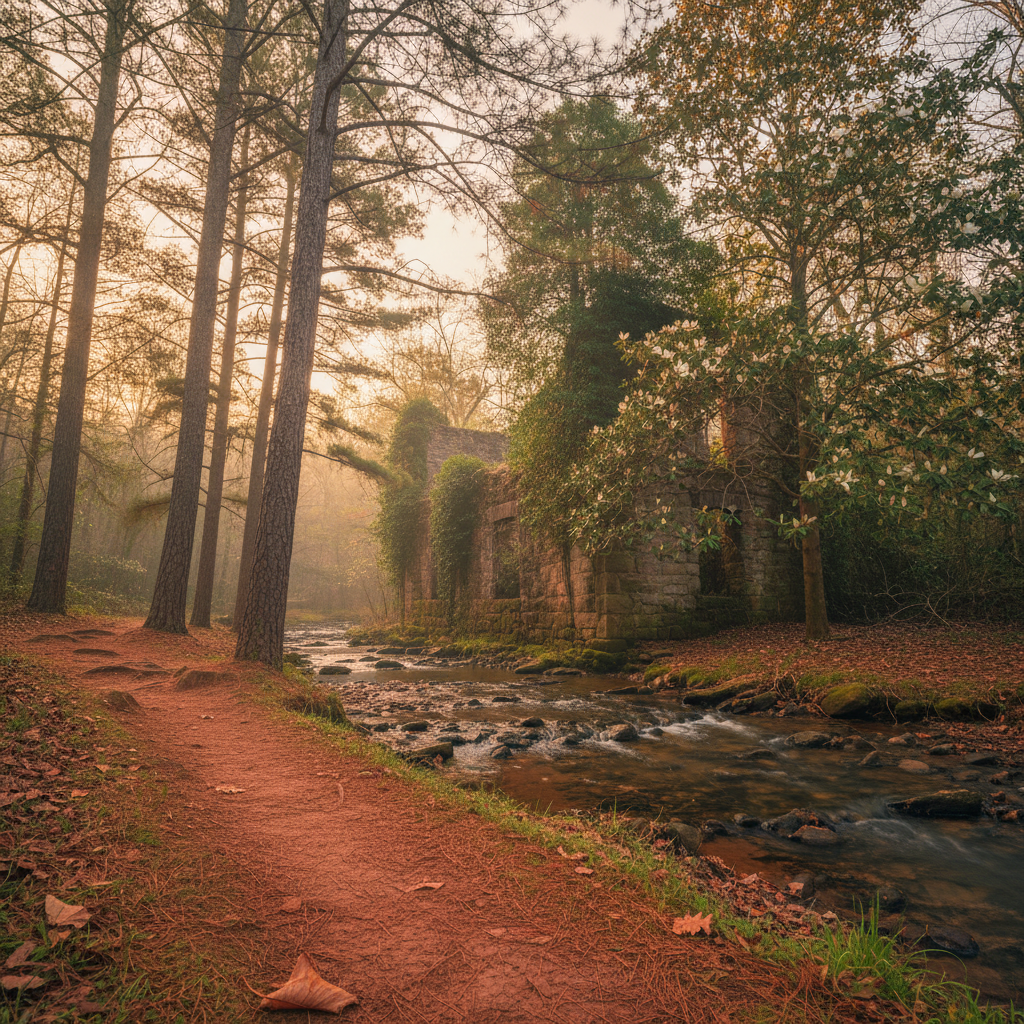 Historic Sope Creek Trail ruins in Cobb County, Georgia, nestled among loblolly pines and magnolias. A serene Atlanta area nature scene with red clay path.