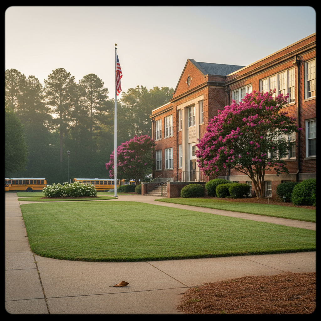 Red-brick Cobb County, Georgia high school with an American flag, dewy lawn, and yellow school buses, reflecting Kennesaw's strong Atlanta area public education.