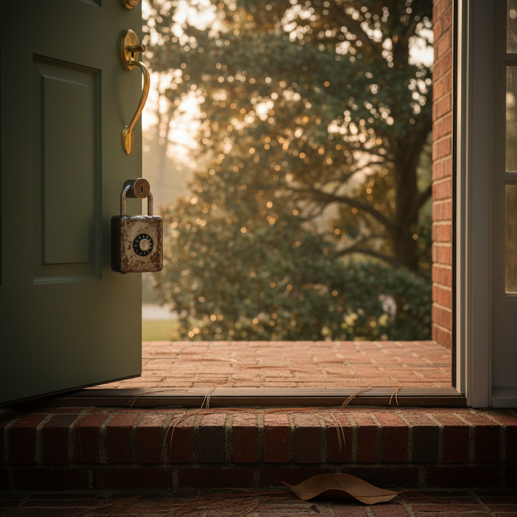 Weathered lockbox on a sage green door of a brick ranch home in Kennesaw, Cobb County, Georgia, reflecting the dynamic Atlanta area real estate market.