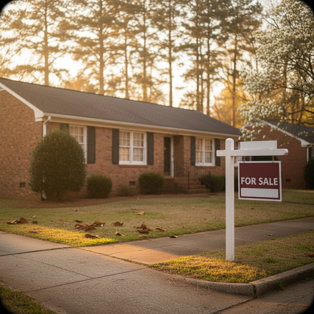 A brick ranch home with a generic 'For Sale' sign in a Kennesaw, Georgia neighborhood, surrounded by loblolly pines and a blooming dogwood. Represents Cobb County real estate investment.