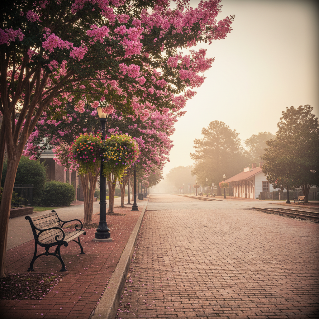 Historic downtown Kennesaw, Georgia streetscape with brick buildings, blooming crepe myrtles, and a weathered bench, showcasing Cobb County's charm near the Atlanta area.