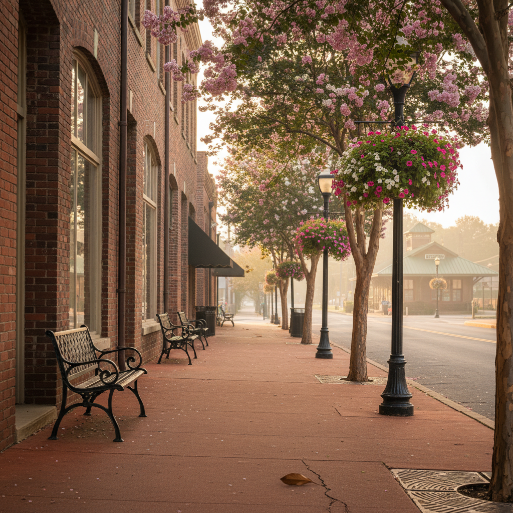 Historic Kennesaw, Georgia streetscape featuring charming brick storefronts, blooming crepe myrtles, and the railroad depot, showcasing Cobb County's character near Atlanta.