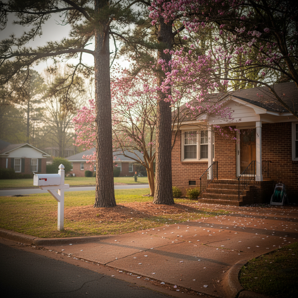 Quiet Cobb County, Georgia street with a charming ranch home, mature loblolly pines, and blooming crepe myrtles. Ideal Kennesaw/Atlanta area living.