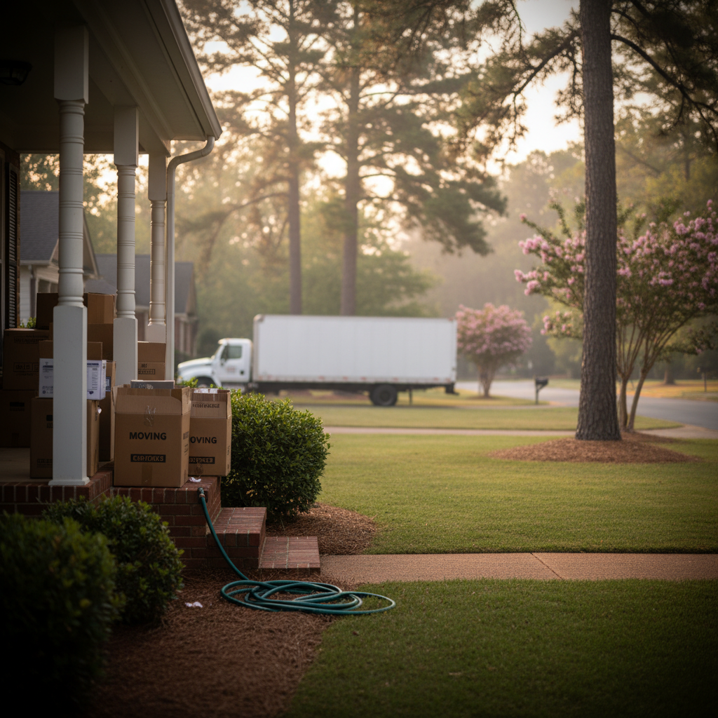 Moving boxes on a Kennesaw, Georgia, suburban porch, with a moving truck visible down a tree-lined street. Captures a new beginning in Cobb County, Atlanta area.