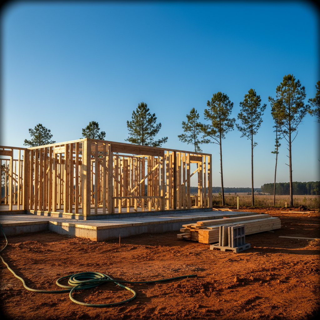 New home wood framing rising from red Georgia clay in a Cobb County construction site. Loblolly pines frame this Kennesaw, Atlanta area development.