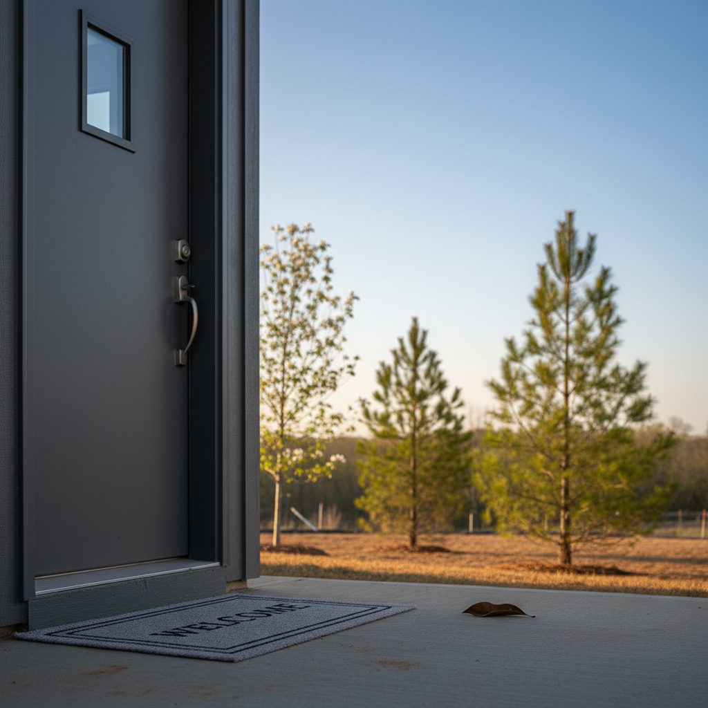 Modern charcoal gray front door of a new construction home in Cobb County, Georgia, with a welcome mat and young loblolly pines. Symbolizes new beginnings in the Kennesaw area.
