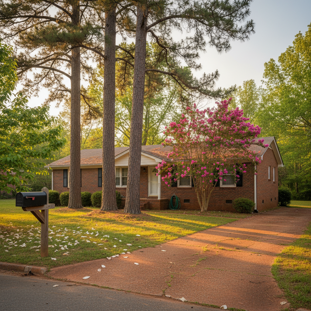 Weathered brick ranch home in Powder Springs, Cobb County, Georgia, featuring mature pines, a cracked driveway, and a crepe myrtle in late-afternoon light.