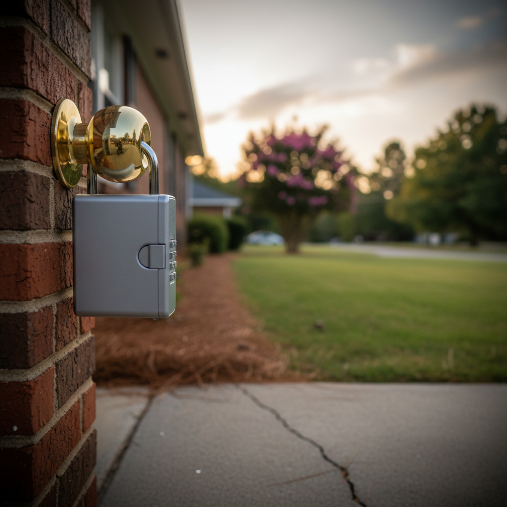 A metal lockbox on a front door of a brick ranch home in a Kennesaw, Cobb County, Georgia suburb, featuring blooming crepe myrtles and loblolly pines.