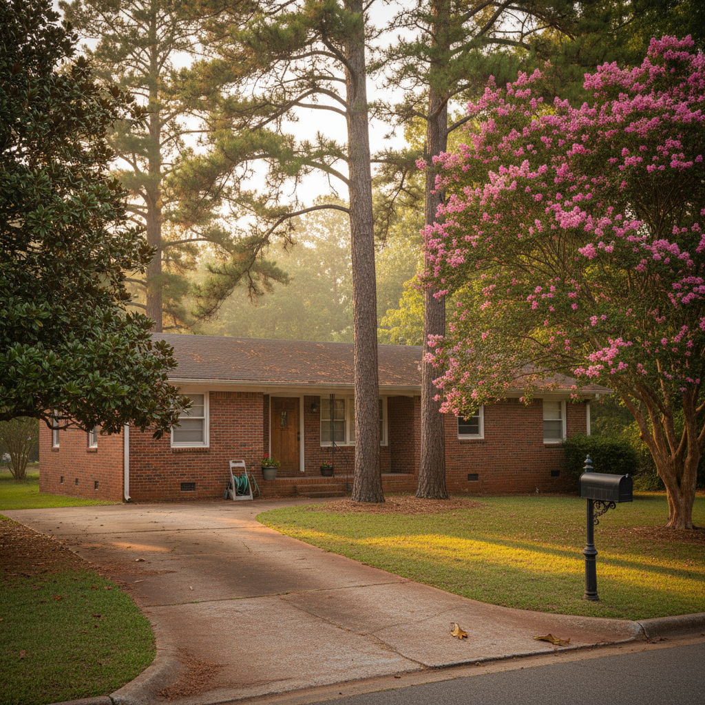 Quiet Kennesaw, Georgia residential street featuring a charming brick ranch home, mature loblolly pines, and a vibrant crepe myrtle, showcasing Cobb County's suburban appeal.